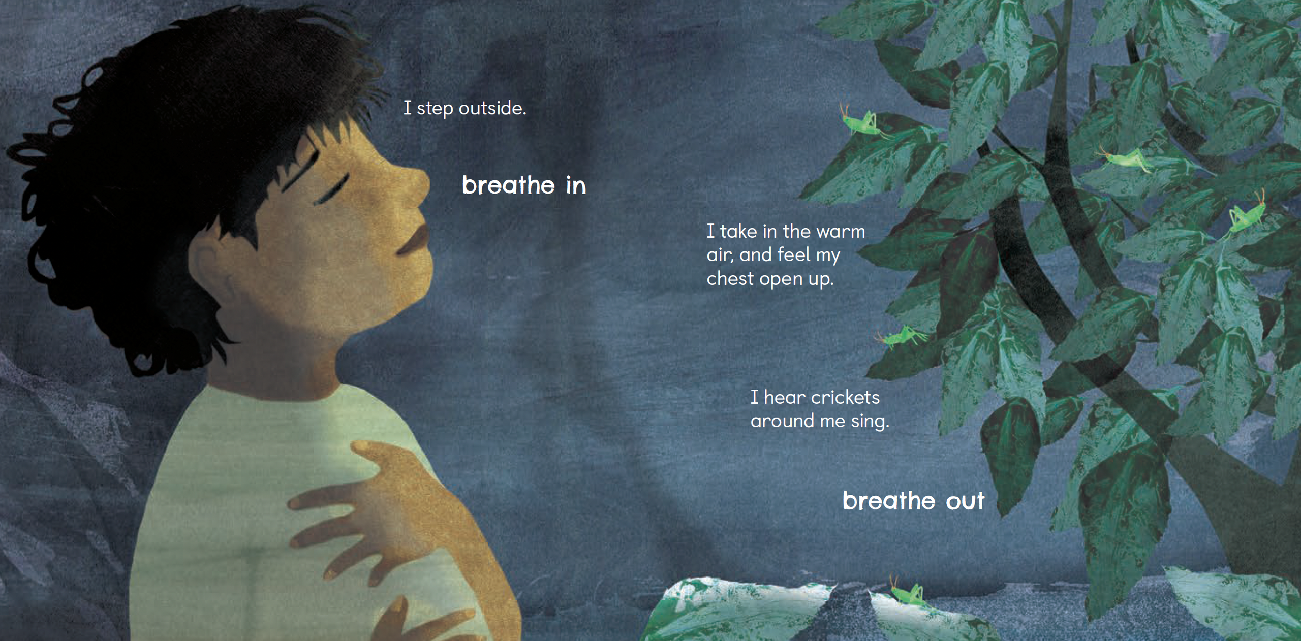 A child steps outside on a quiet summer night, surrounded by glowing fireflies beneath a star-filled sky, and feels a sense of calm — from Thank You, Night by Dan McCauley.